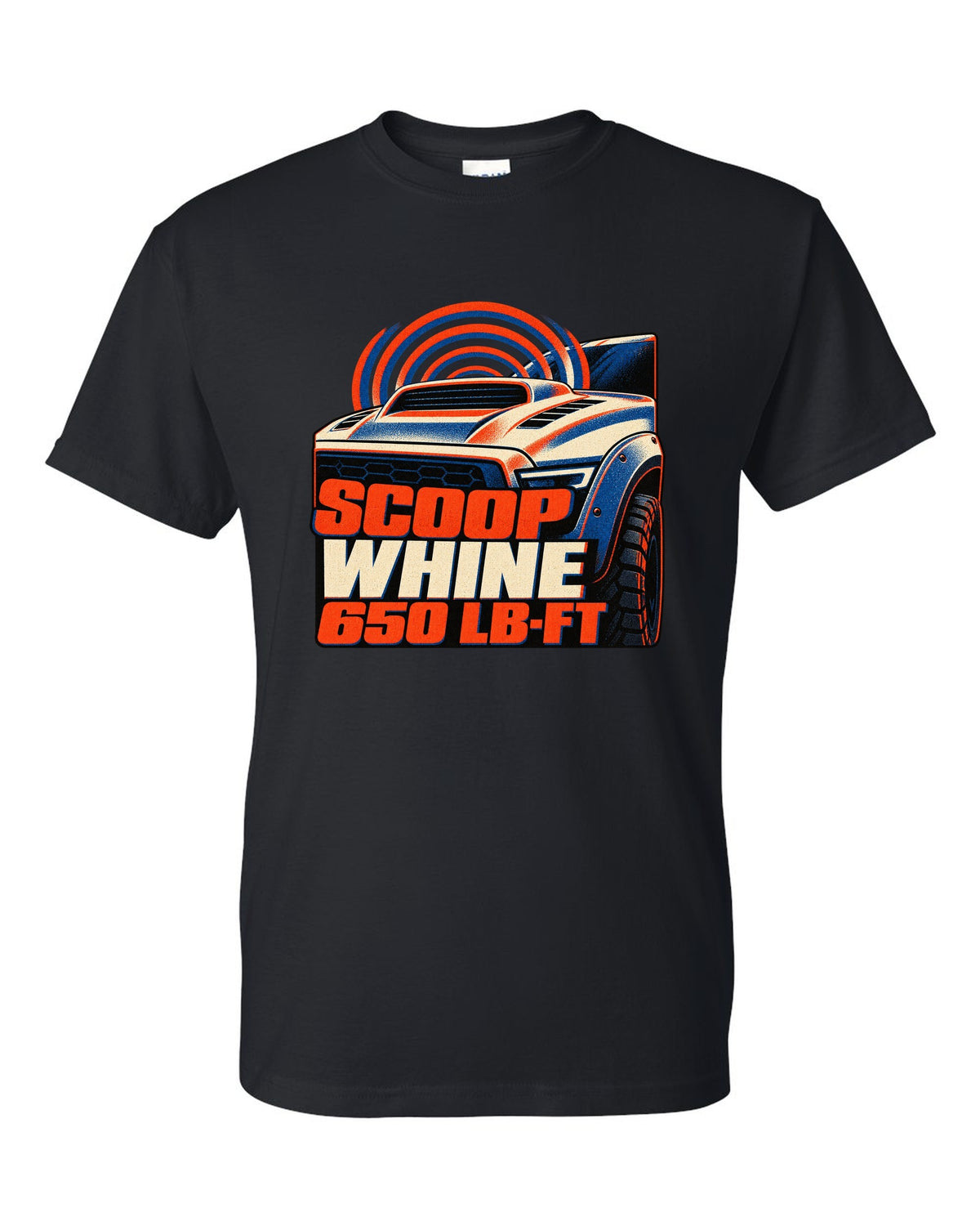 Risograph print of a 2021-2024 Ram 1500 TRX with scoop whine 650 lb-ft text black t-shirt front view with the design