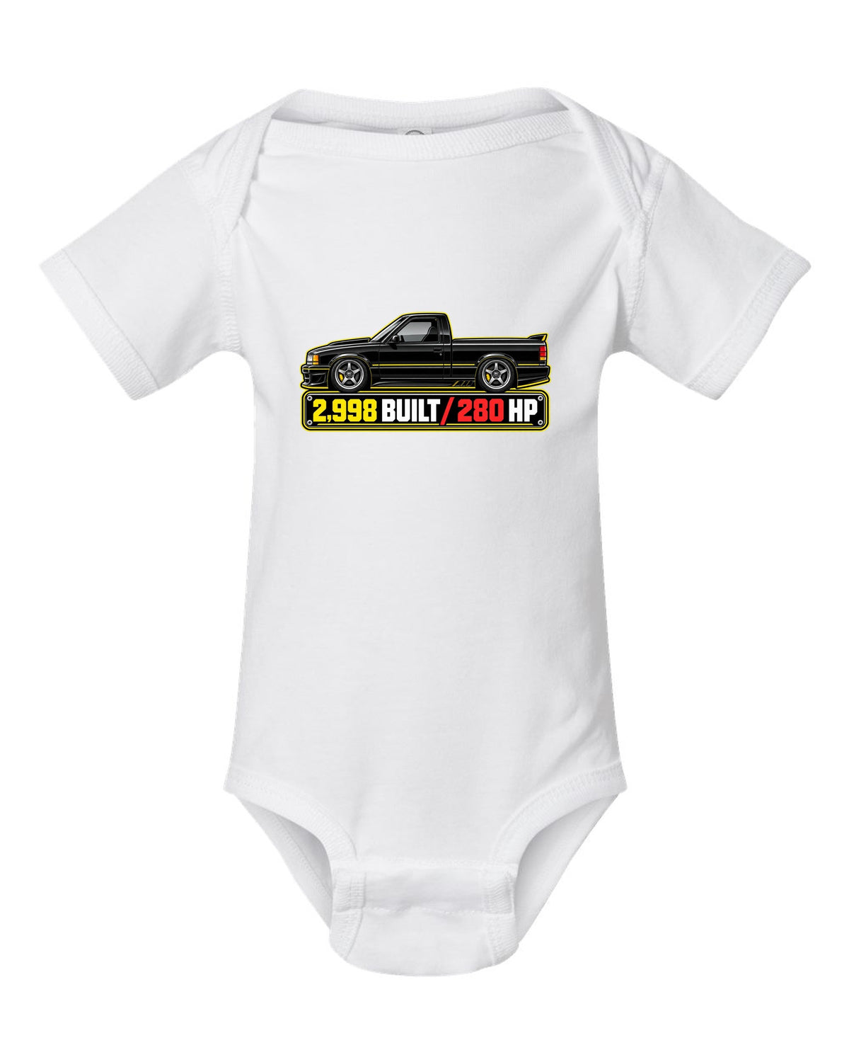 Spec-sheet data plate print of a 1991 GMC Syclone with 2,998 built and 280 HP lettering white baby onesie front view with the design