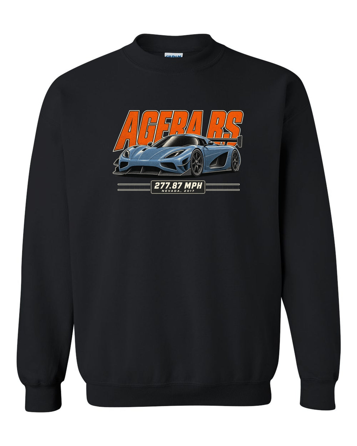 Halftone print of the Koenigsegg Agera RS with the text 277.87 mph, Nevada, 2017 black crewneck front view with the design