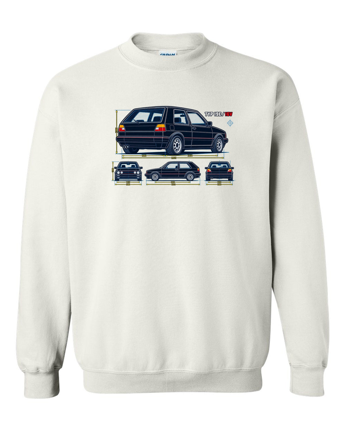 Blueprint line art print of a VW Golf Mk2 GTI 16V with Typ 19E text white crewneck front view with the design