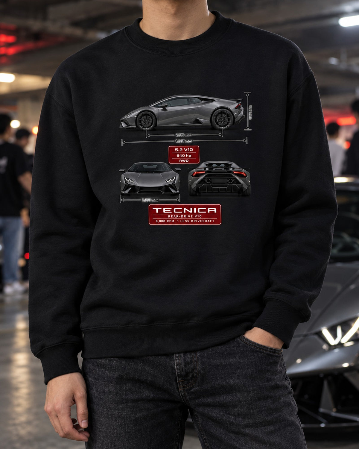 Lamborghini Huracan Tecnica Three-View Spec Table Shirt Crewneck Black worn hero