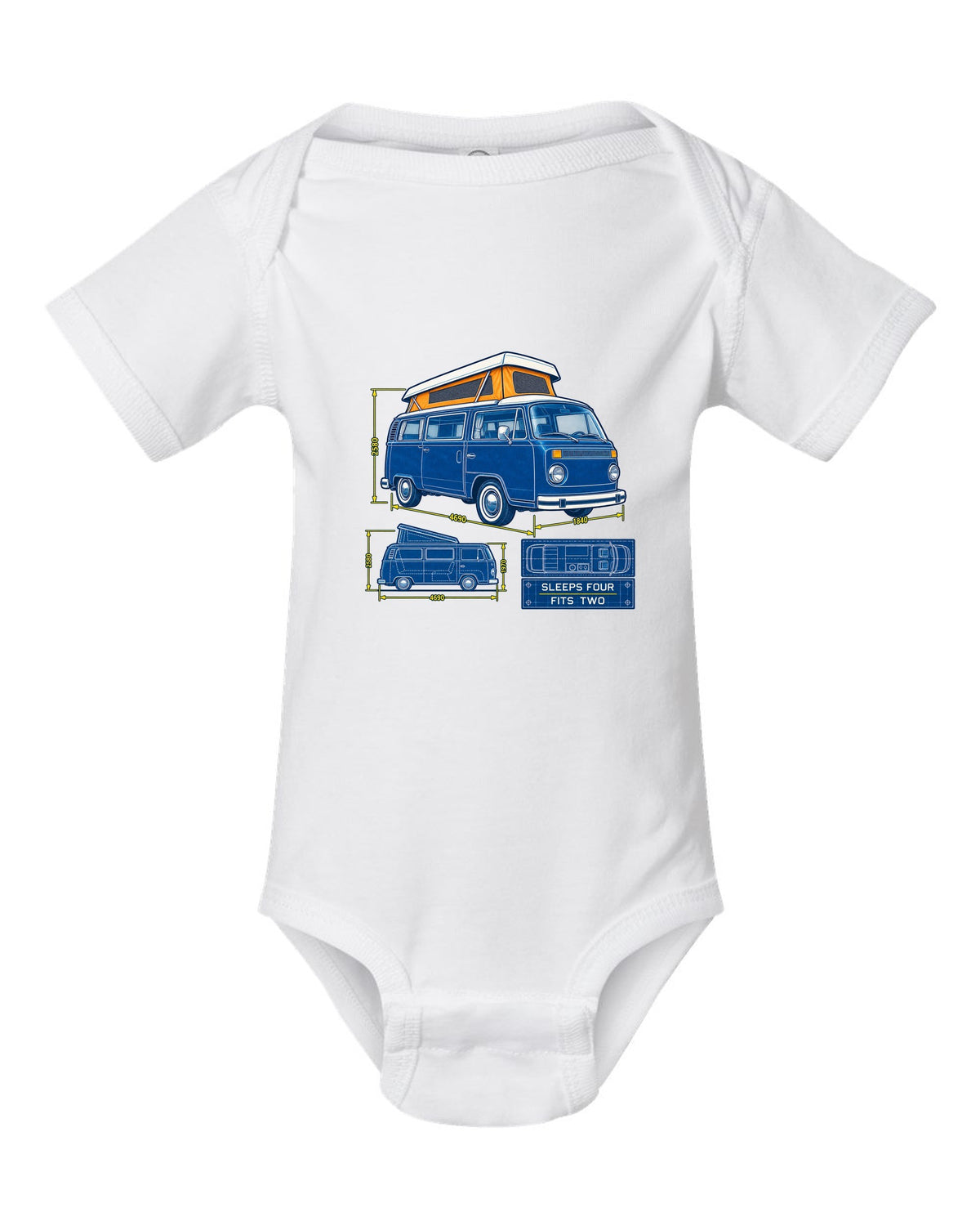 Cyanotype negative blueprint of a VW Bay Window T2 camper with sleeps four fits two text white baby onesie front view with the design