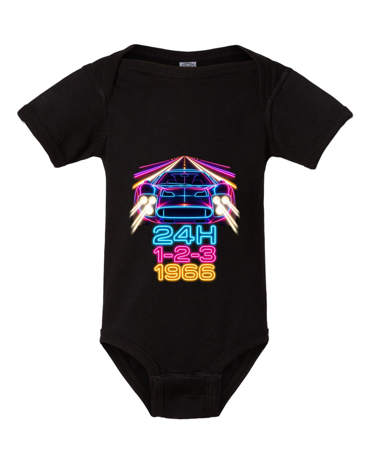 Neon long-exposure light trail print of a 1966 Ford GT40 Mk II with 24H 1-2-3 lettering black baby onesie front view with the design