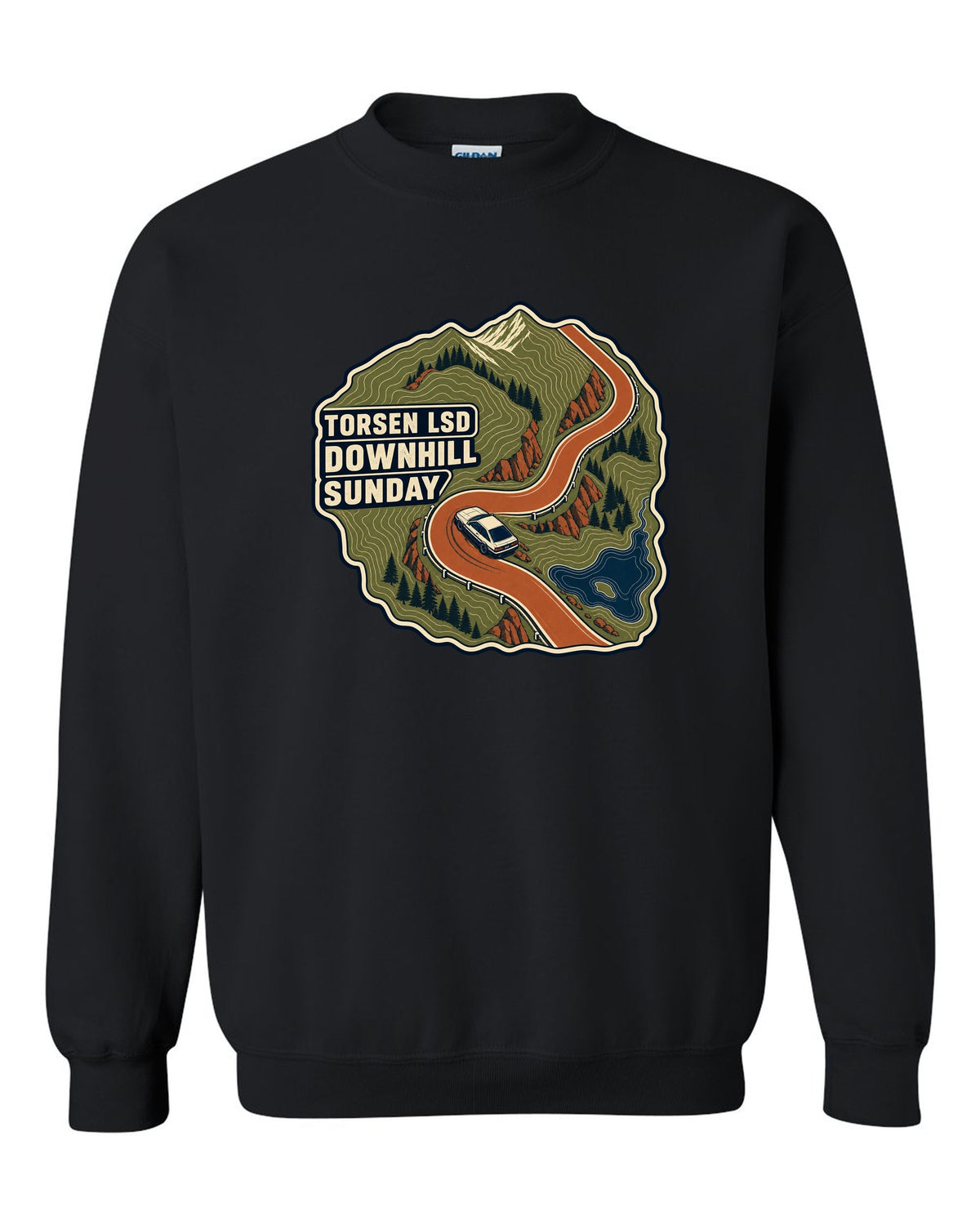 Topographic route map print for a Hyundai Genesis Coupe BK2 with Torsen LSD downhill Sunday text black crewneck front view with the design