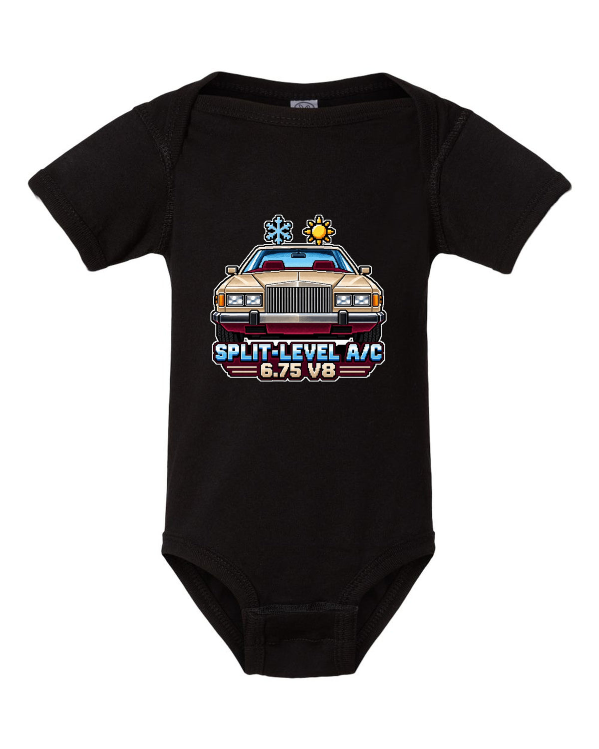 16-bit pixel art print of a 1975 Rolls-Royce Camargue with split-level A/C and 6.75 V8 lettering black baby onesie front view with the design