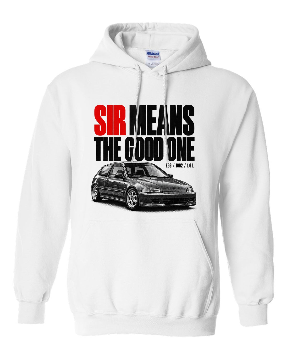 Halftone print of a 1992 Honda Civic EG6 SiR chback with SiR text white pull over hoodie front view with the design