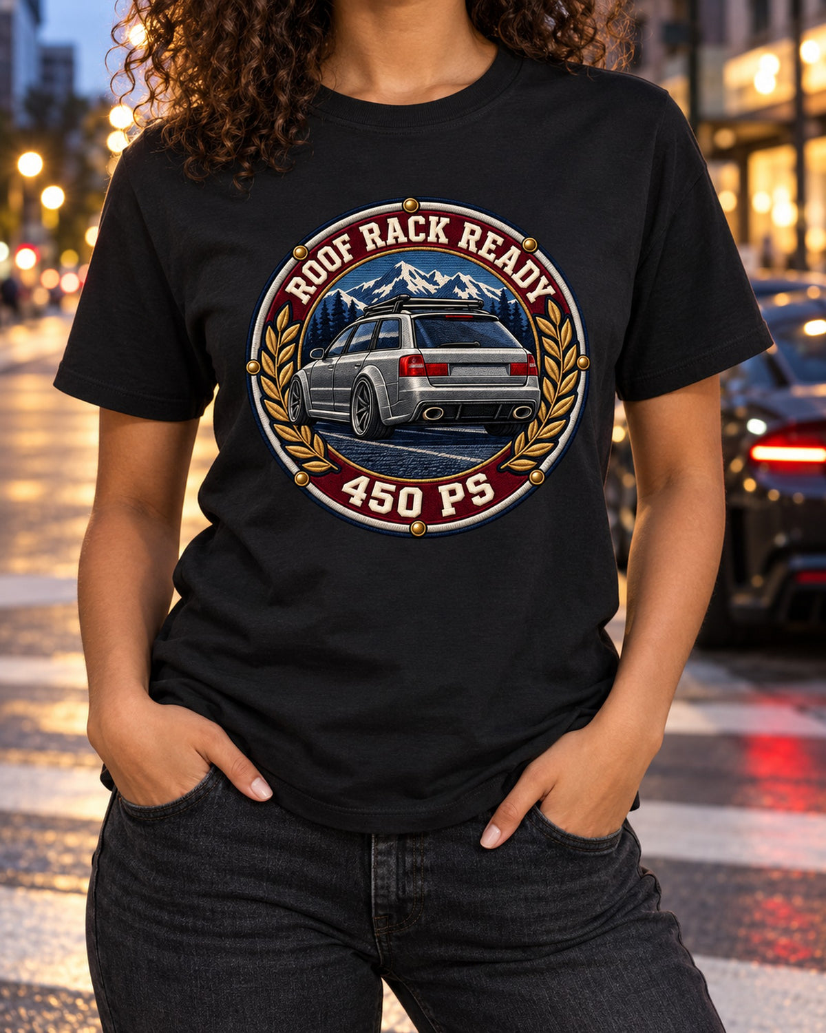 Audi RS6 Avant C5 Varsity Crest Shirt, Roof Rack Ready T-Shirt Black worn hero