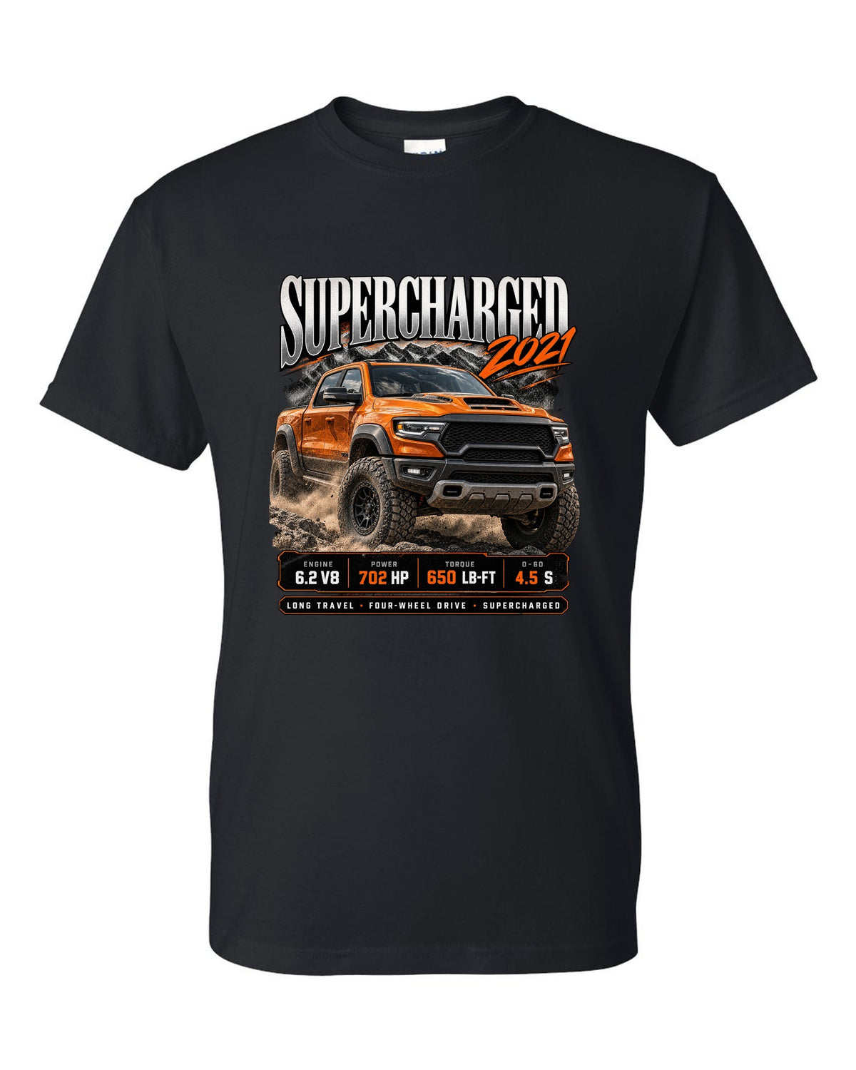 Archive panel of a 2021 Ram 1500 TRX with 702 HP and 650 lb-ft supercharged black t-shirt front view with the design