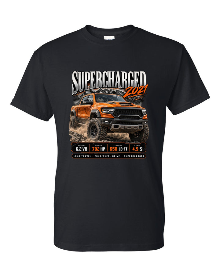 Archive panel of a 2021 Ram 1500 TRX with 702 HP and 650 lb-ft supercharged black t-shirt front view with the design