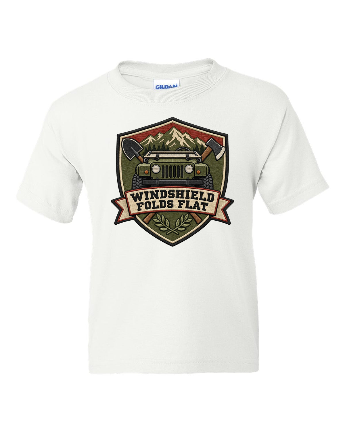 Jeep Wrangler JL embroidery shield crest design with windshield folds flat text white kids tee front view with the design