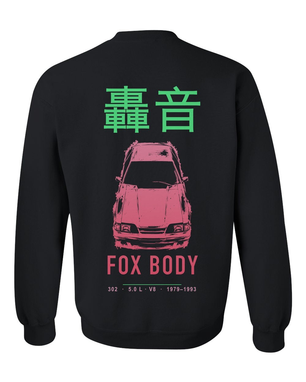 FOX BODY full-back artwork black crewneck back view with the design