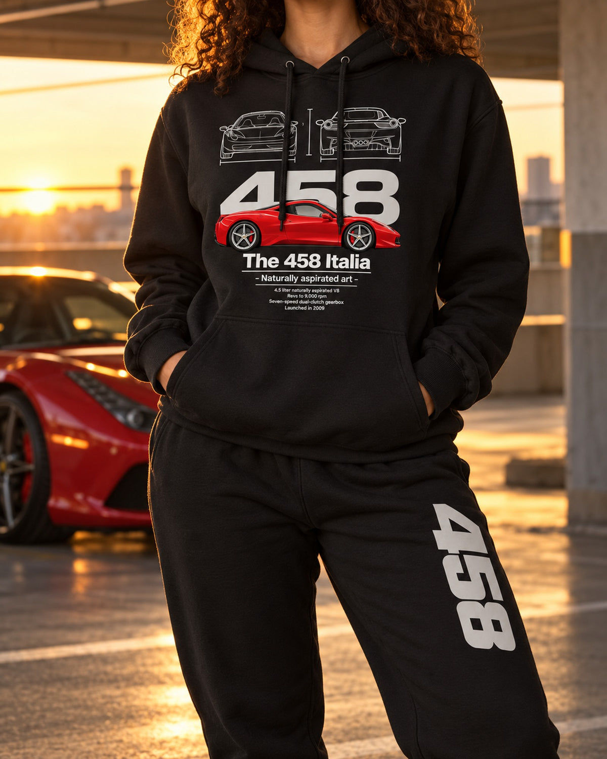 Ferrari 458 Hoodie + Jogger Set Black worn hero