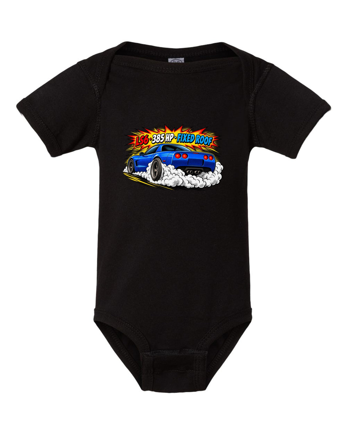 Comic halftone pop-art print of a 2001 Chevrolet Corvette C5 Z06 with LS6 385 HP Fixed Roof text black baby onesie front view with the design
