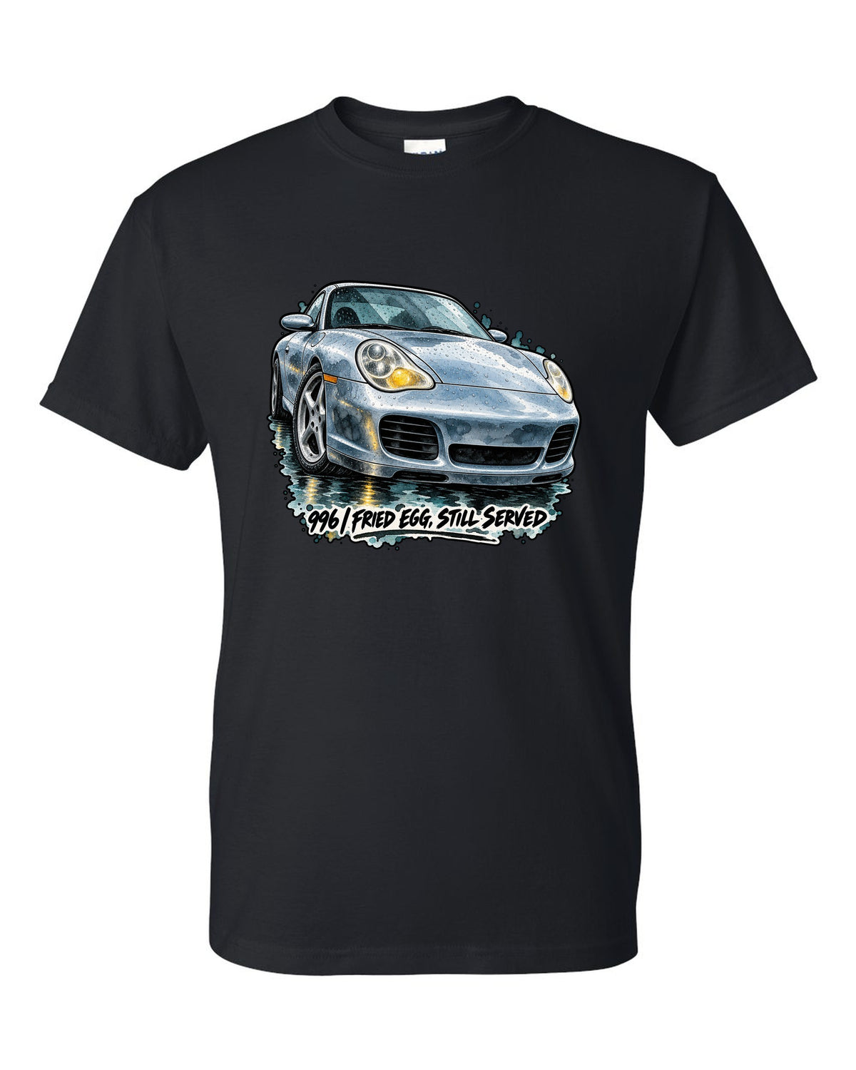 Watercolour ink wash of a Porsche 911 996 on a wet road black t-shirt front view with the design