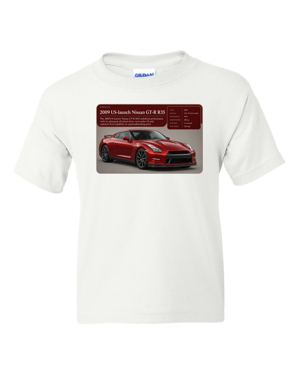 Archive panel print of a deep red 2009 US launch Nissan GT-R R35 white kids tee front view with the design