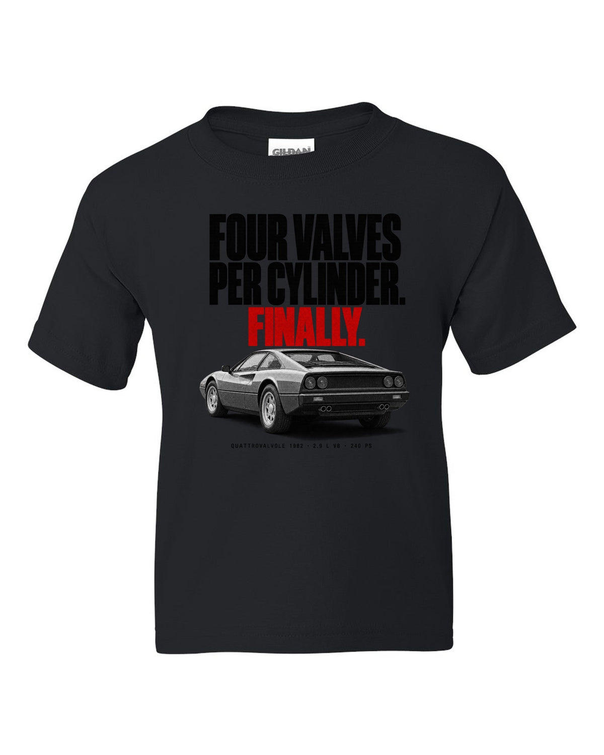 Ferrari 308 GTB Quattrovalvole 1982 rear three-quarter halftone print, four valves per cylinder black kids tee front view with the design