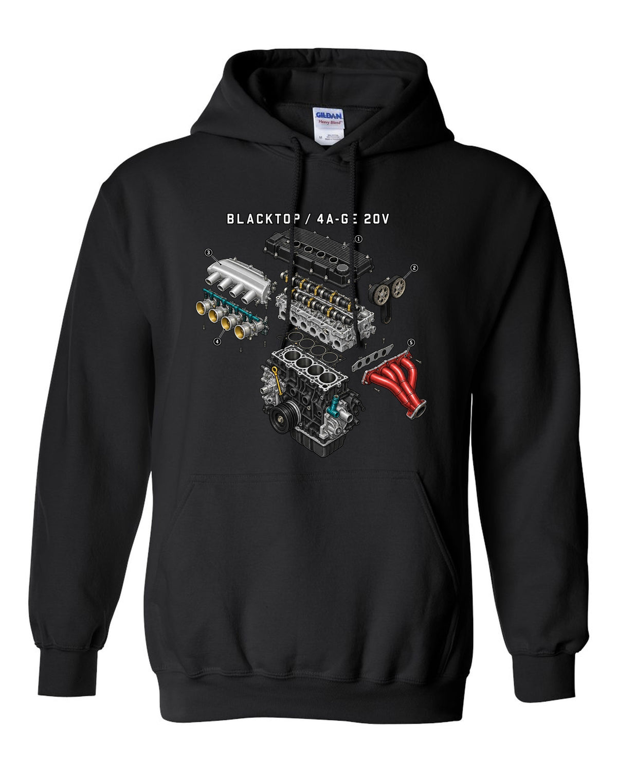 Exploded engine diagram of the blacktop 4A-GE 20V for the Toyota Corolla AE111 black pull over hoodie front view with the design