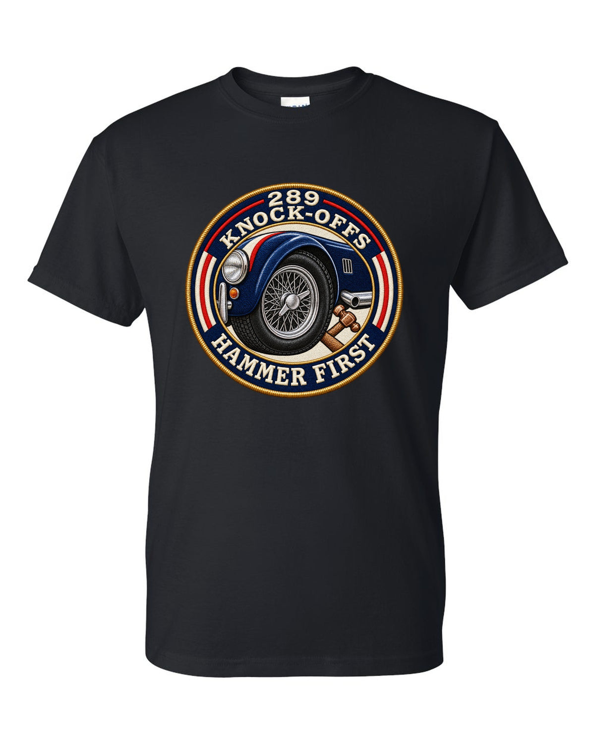 Embroidered-patch style crest print for a Shelby Cobra 289 with Knock-Offs lettering black t-shirt front view with the design