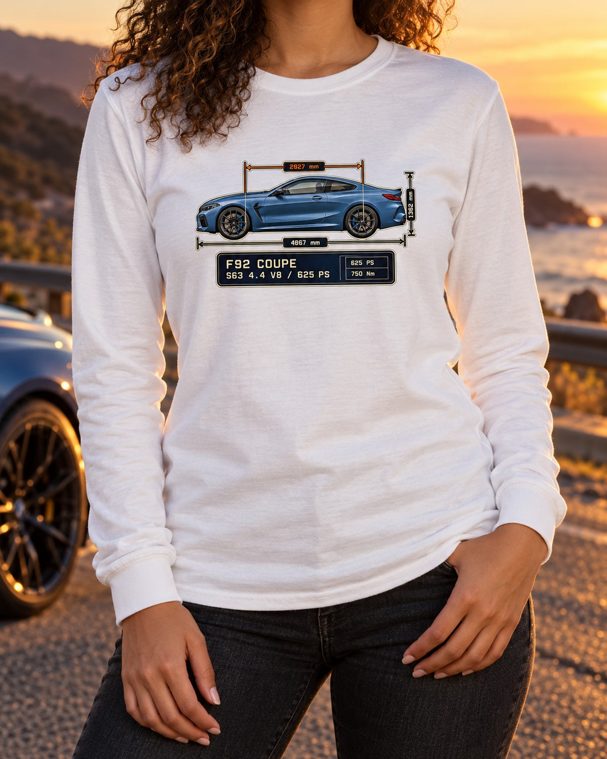 BMW M8 Competition Coupe F92 Dimension Blueprint Shirt Long Sleeve White worn hero