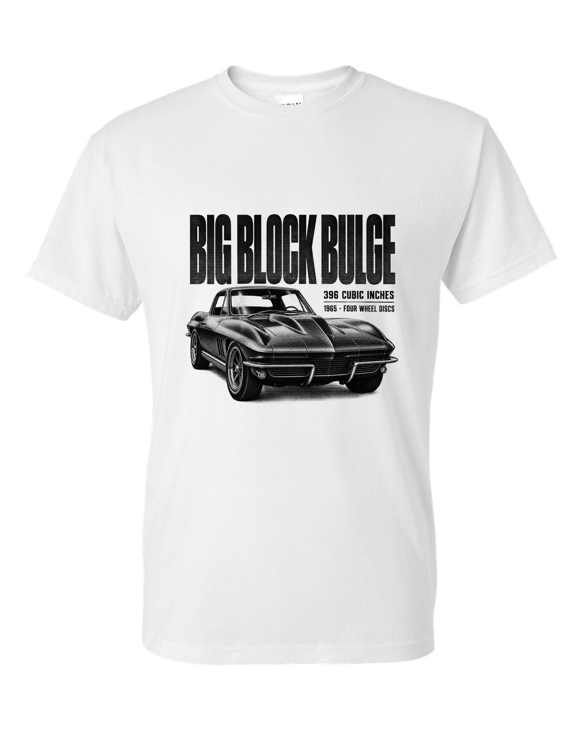 Chevrolet Corvette C2 Sting Ray 1965 big-block 396 hood bulge halftone print white t-shirt front view with the design