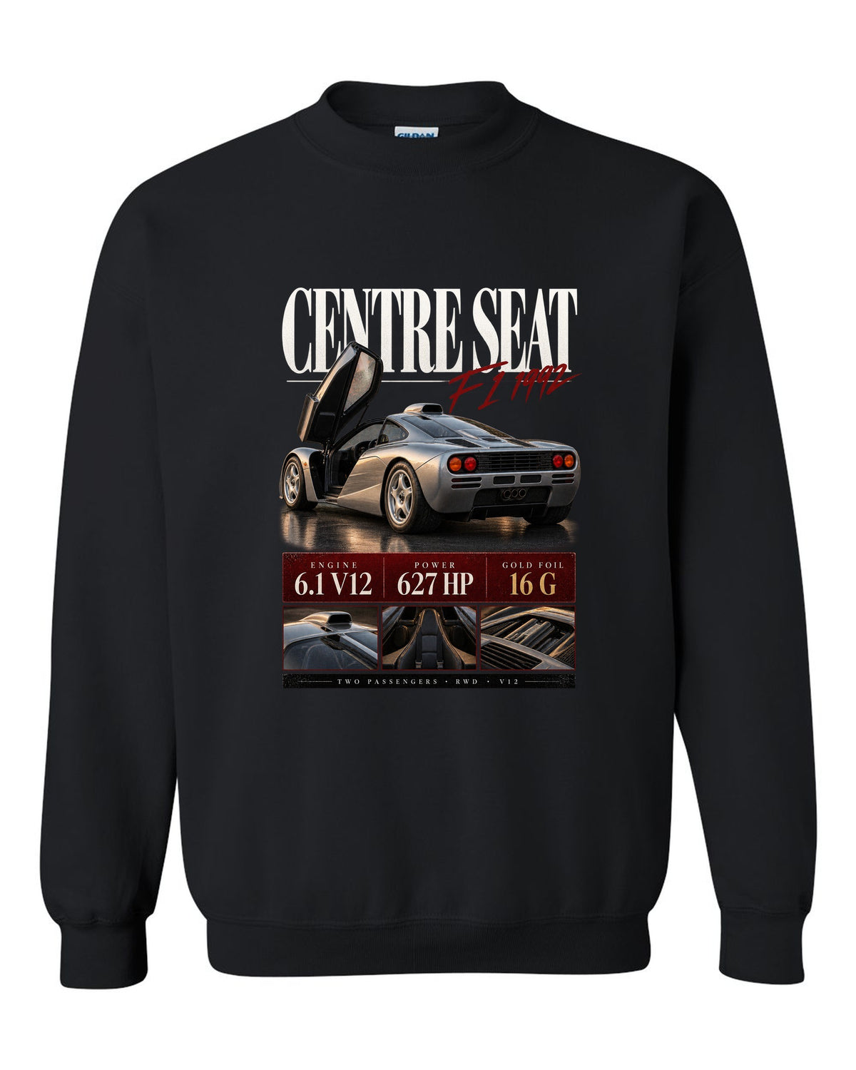 Archive panel print of the 1992 McLaren F1 with centre driving seat and V12 specification text black crewneck front view with the design