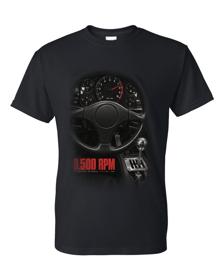 Ferrari F50 1995 cockpit and gauge print, 8,500 rpm, six-speed gate, no paddles black t-shirt front view with the design
