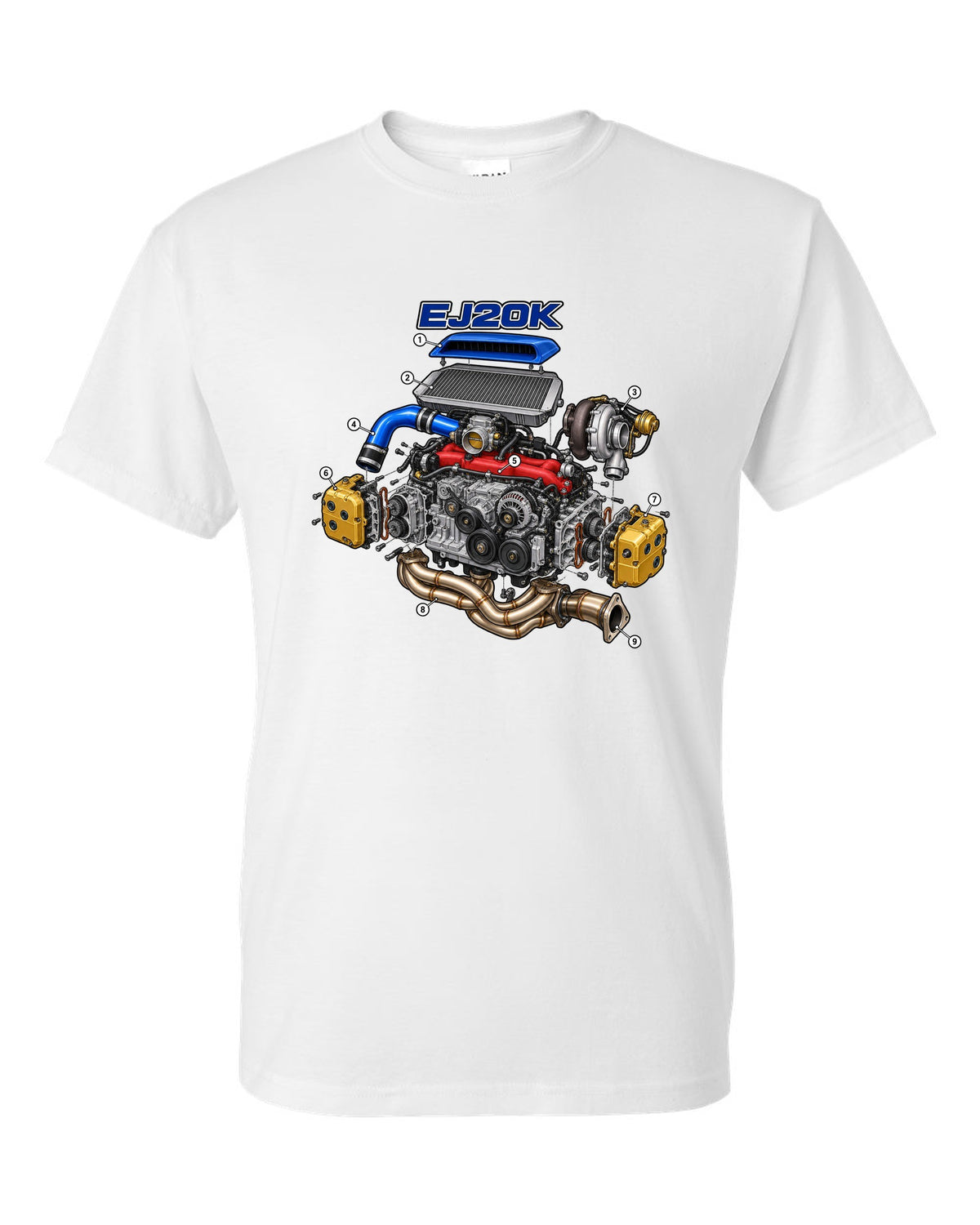Subaru Impreza WRX GC8 EJ20K boxer engine in an exploded cutaway diagram white t-shirt front view with the design