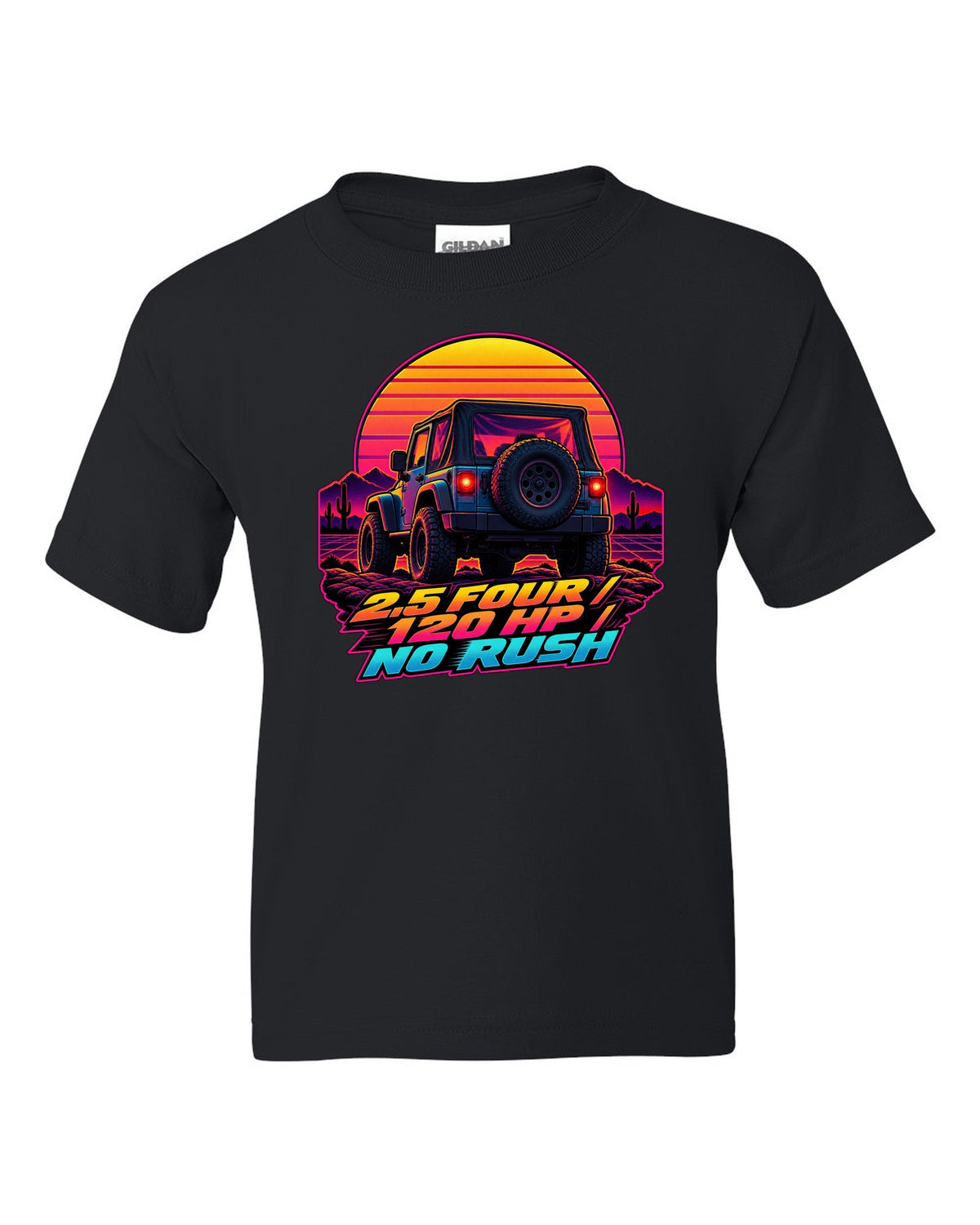 Synthwave sunset illustration of a Jeep Wrangler TJ tailgate with 2.5 FOUR 120 HP NO RUSH lettering black kids tee front view with the design