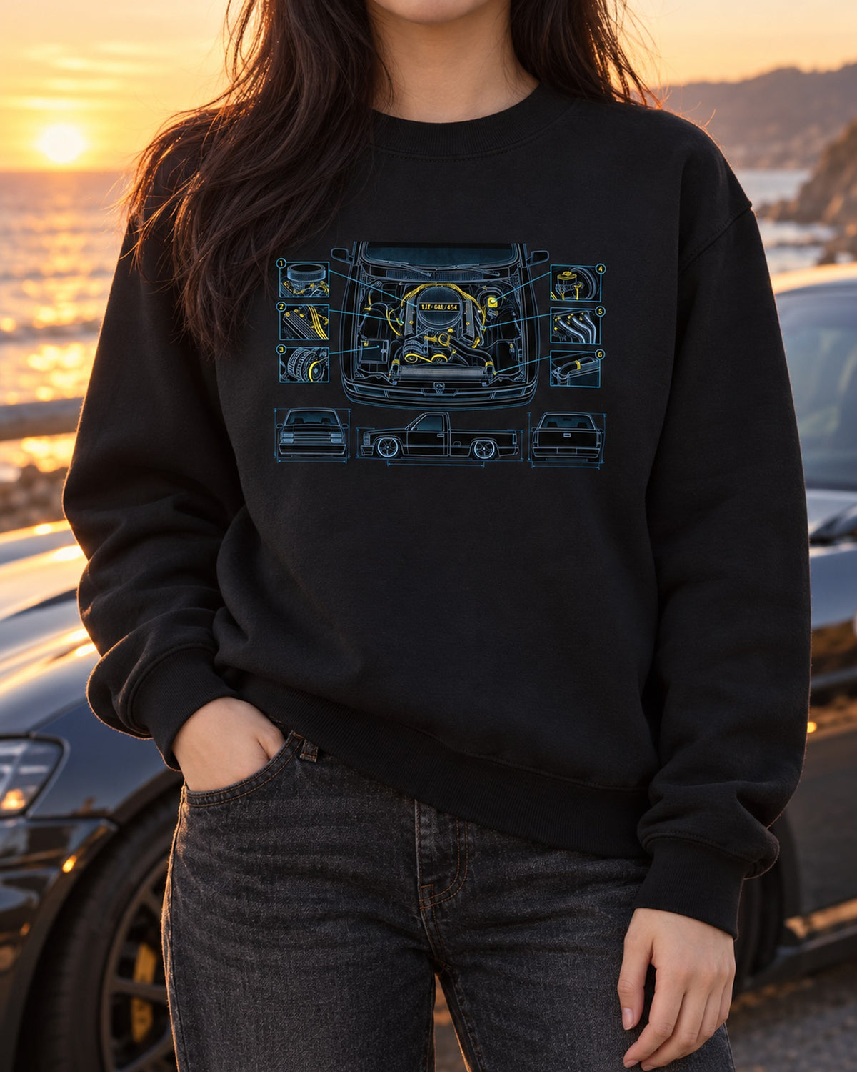 454 SS Pickup Engine Bay Blueprint Shirt, L19 7.4L Crewneck Black worn hero