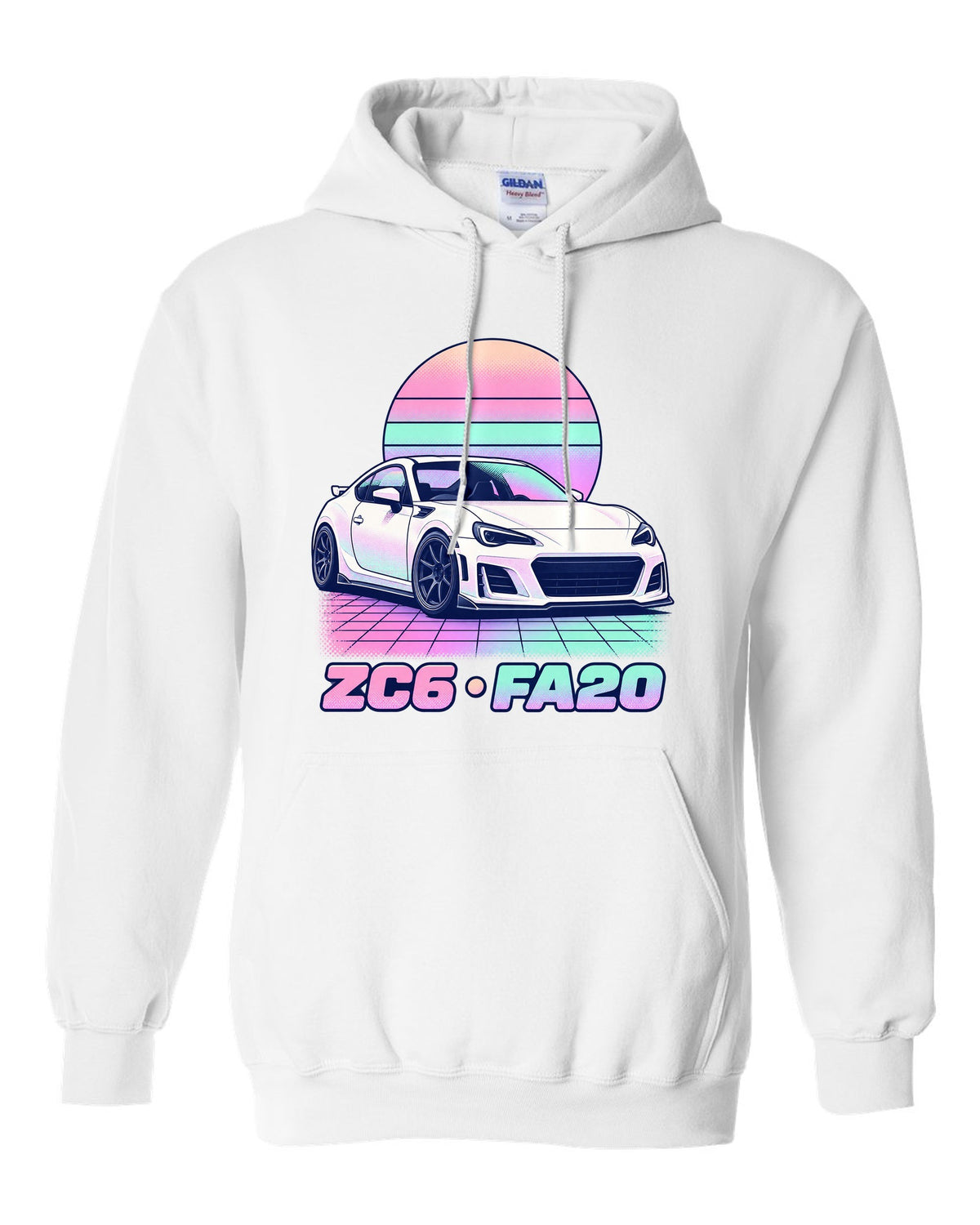 Subaru BRZ ZD8 round varsity crest print, ZD8 / FA24 / 2022 white pull over hoodie front view with the design