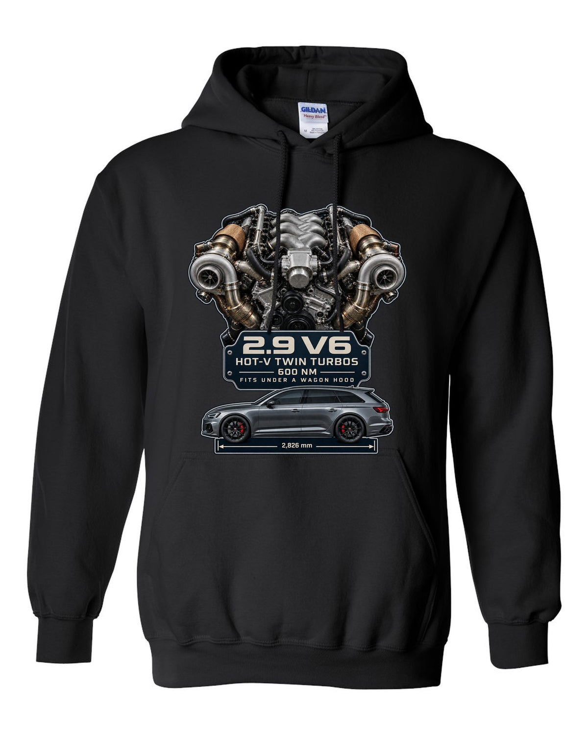 Audi RS4 B9 2.9 TFSI hot-V twin-turbo V6 engine graphic print black pull over hoodie front view with the design