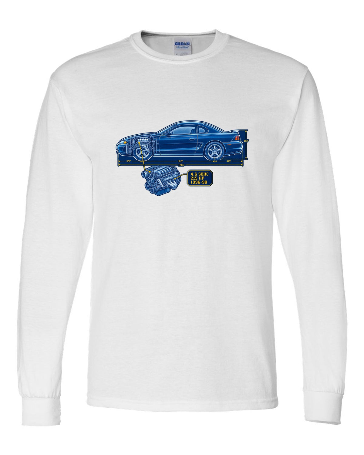 Cyanotype blueprint print of a 1994-98 Ford Mustang SN95 coupe white long sleeve front view with the design