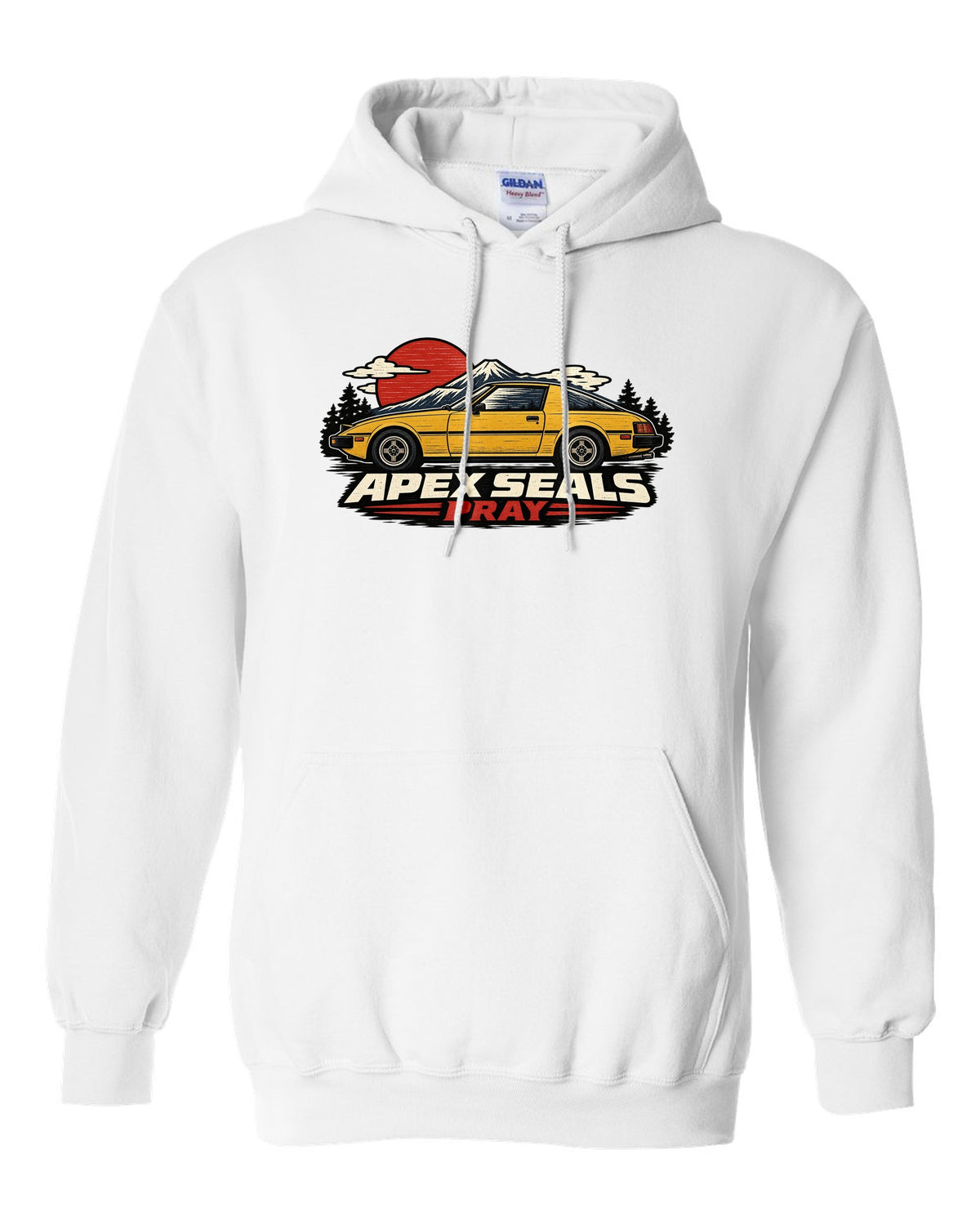 Mazda RX-7 SA22C Linocut Side Profile white pull over hoodie front view with the design