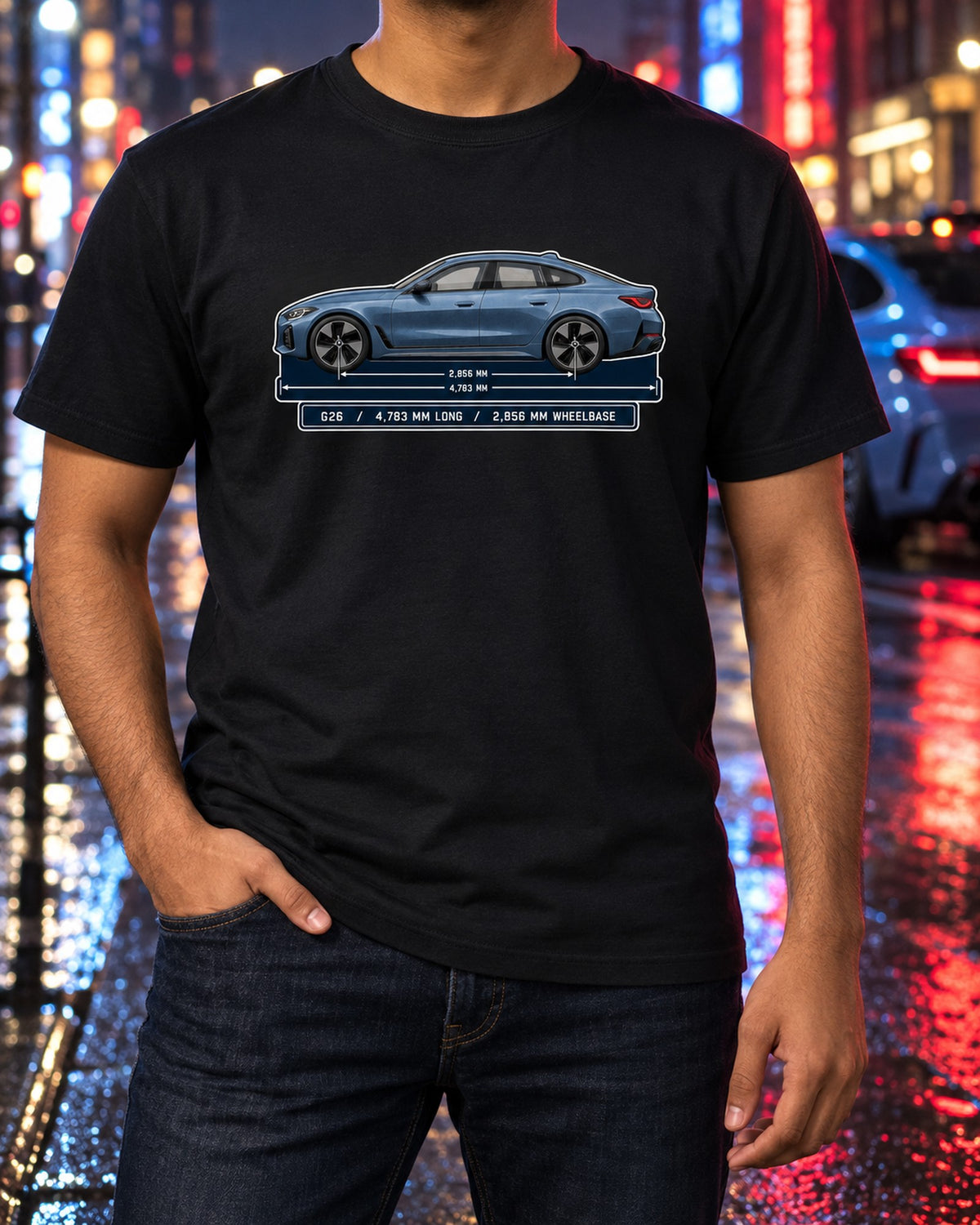 BMW i4 M50 G26 Gran Coupe Dimension Blueprint Shirt T-Shirt Black worn hero