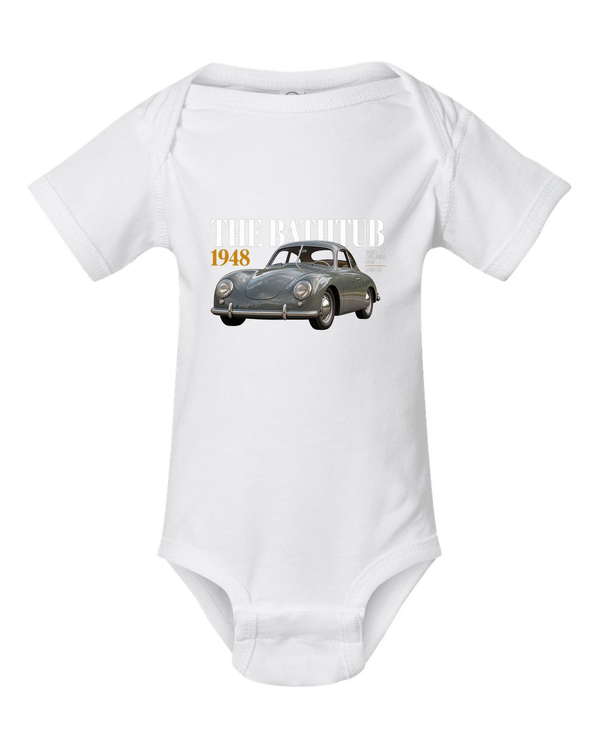 Editorial headline print of the 1948 Porsche 356 Pre-A coupe nicknamed the Bathtub white baby onesie front view with the design