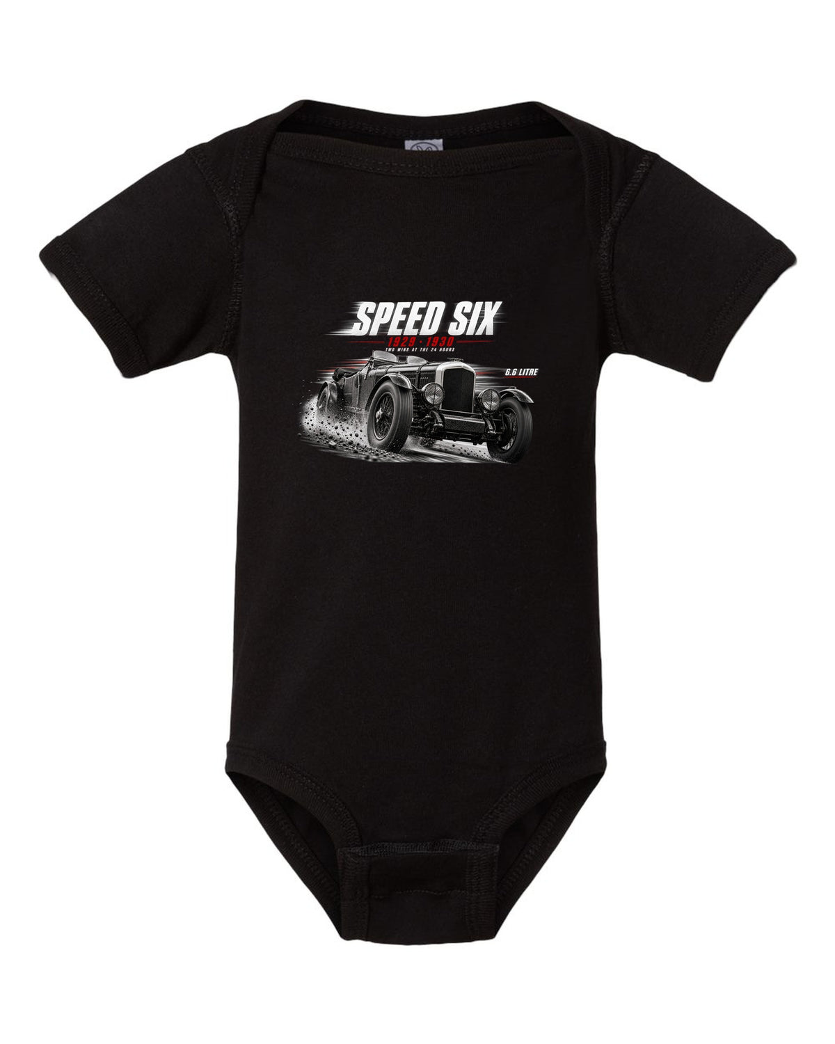 Bentley Speed Six Le Mans race poster 1929 and 1930 black baby onesie front view with the design