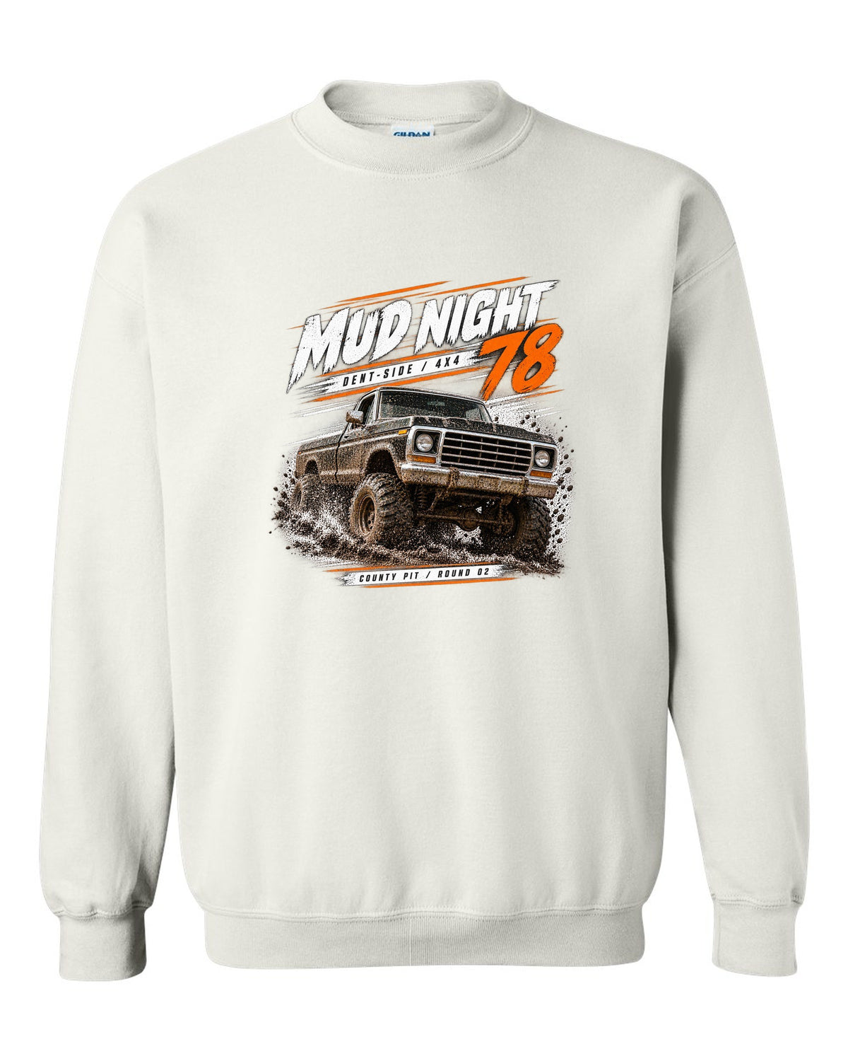 Ford F-150 Dent-Side 1973-79 4x4 Mud Night Race Poster Tee white crewneck front view with the design