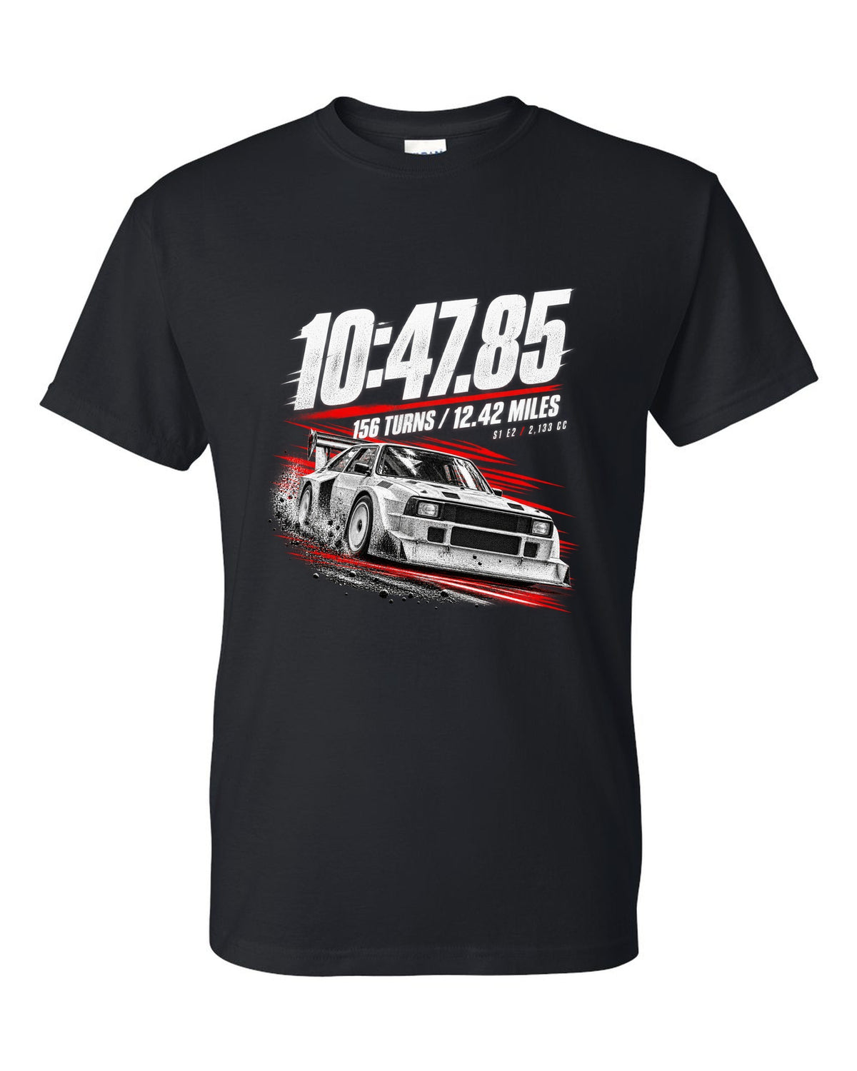 Race poster print of an Audi Sport Quattro S1 E2 with hill climb numbers black t-shirt front view with the design