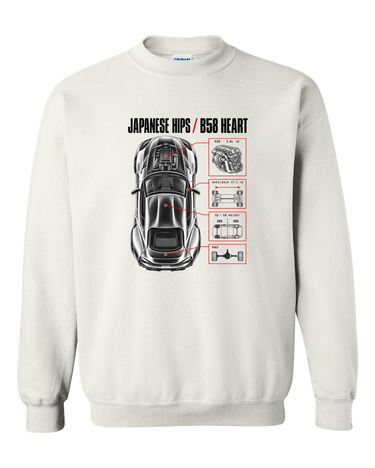 Spec poster print of a Toyota GR Supra A90 with the text Japanese Hips B58 Heart white crewneck front view with the design