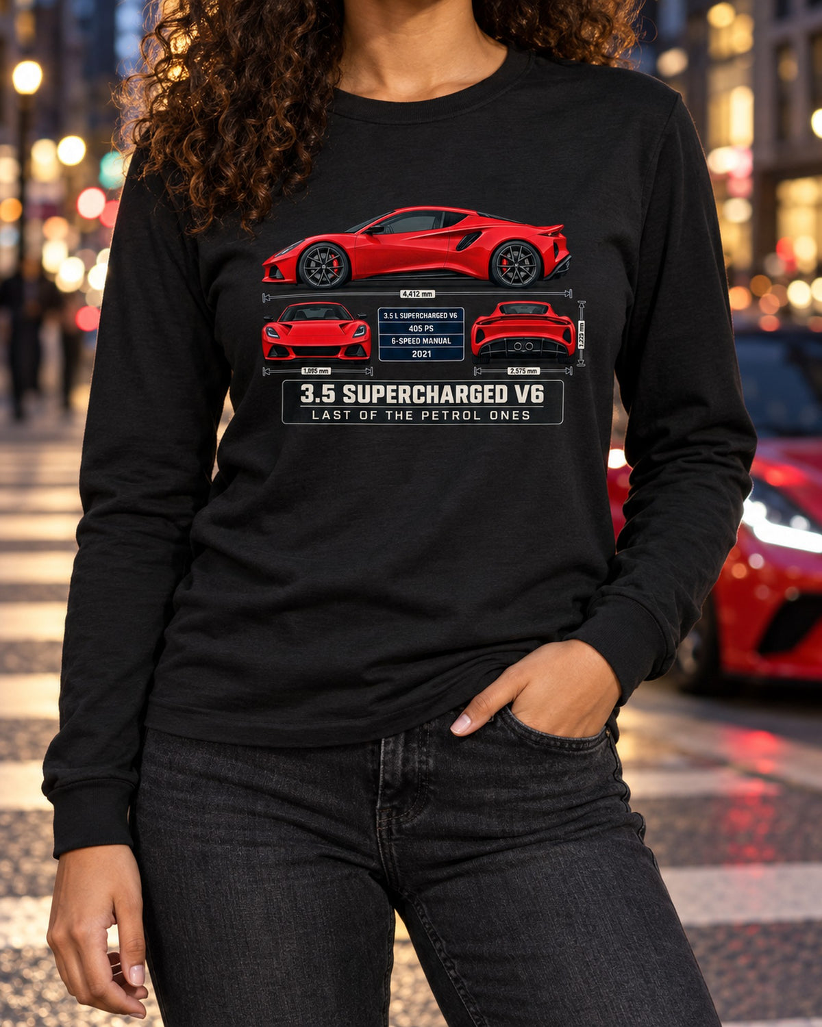 Lotus Emira V6 First Edition Spec Poster Tee, 3.5 Supercharged Long Sleeve Black worn hero