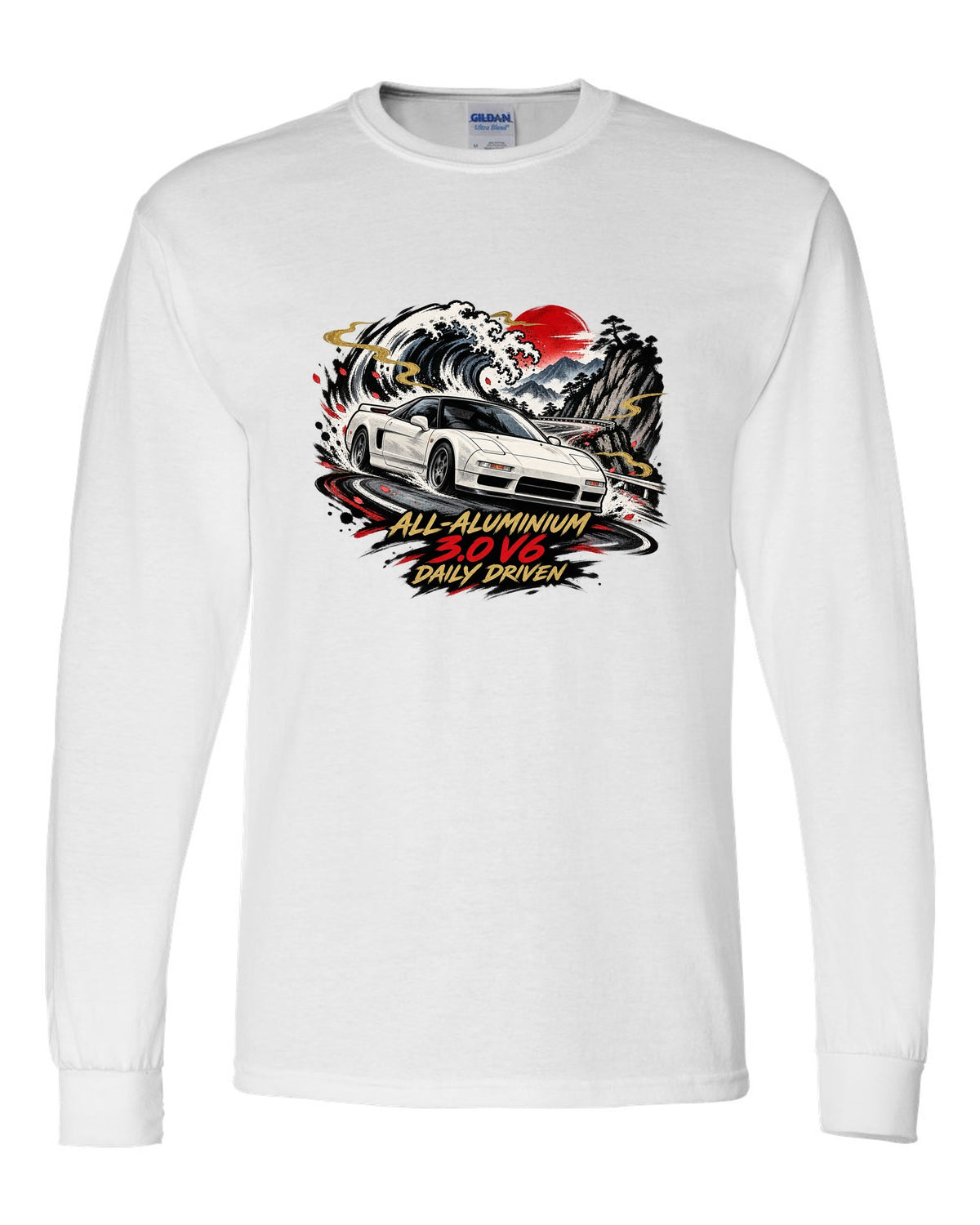 Sumi-e ink wave style print of a Honda NSX NA1 with all-aluminium 3.0 V6 daily driven text white long sleeve front view with the design