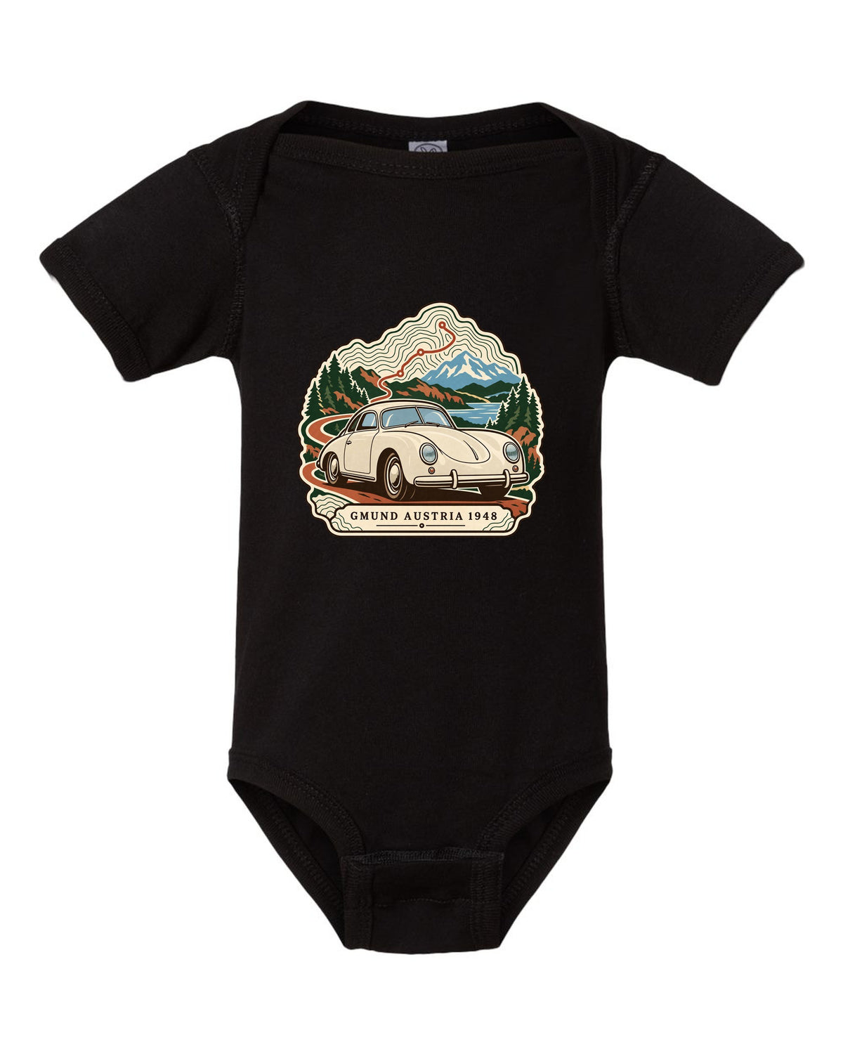 Topographic contour map design marking Gmund Austria 1948 for the Porsche 356 black baby onesie front view with the design