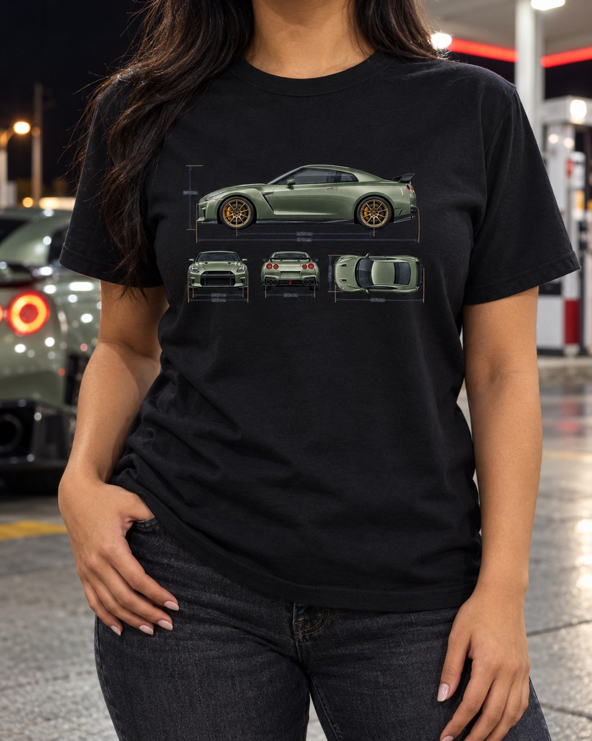 Nissan GT-R R35 Rear Halftone Shirt, Four Round Taillights Tee T-Shirt Black worn hero
