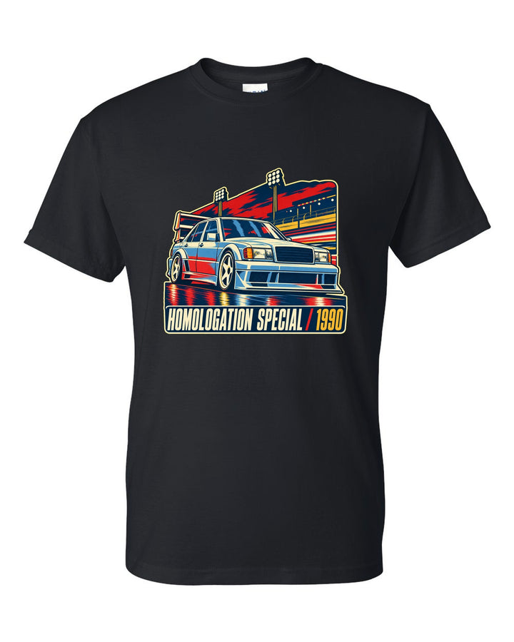 Vintage race poster print of a Mercedes-Benz 190E Evo II W201, homologation special, 1990 black t-shirt front view with the design