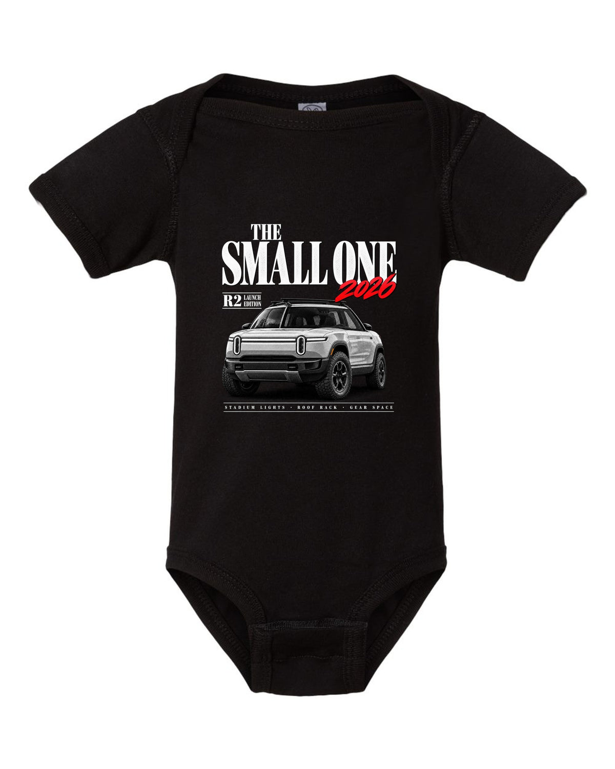 Rivian R2 2026 launch edition editorial headline reading The Small One black baby onesie front view with the design