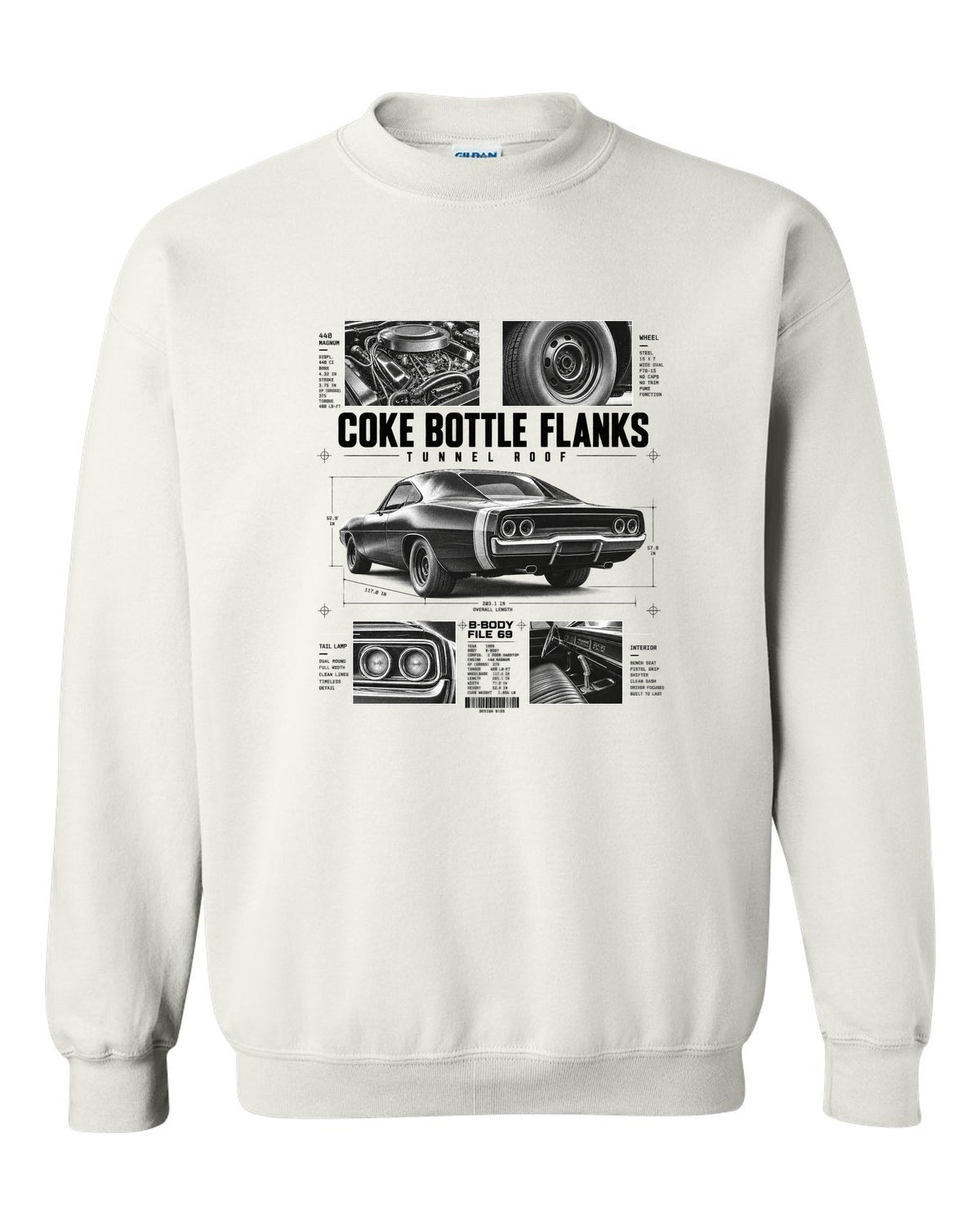 Dossier panel print of a 1969 Dodge Charger R/T with coke bottle flanks and tunnel roof notes white crewneck front view with the design