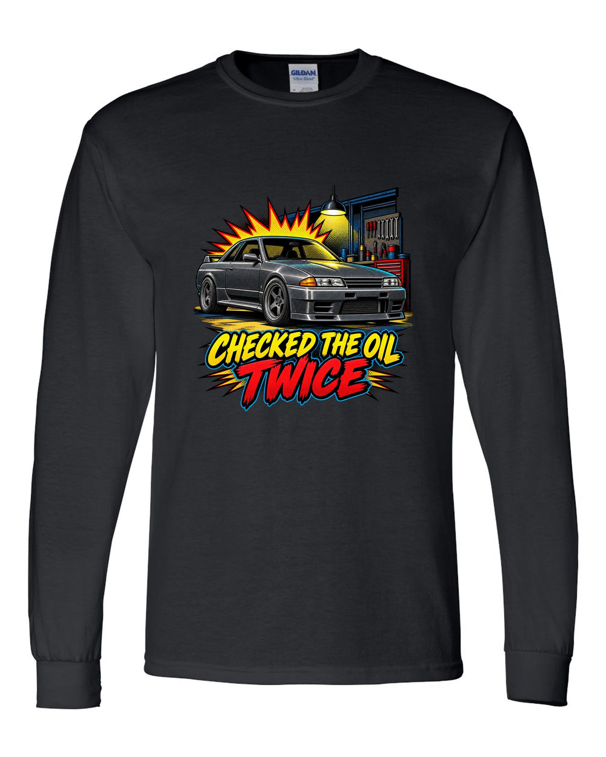 Comic halftone pop-art print of a Nissan Skyline GT-R R32 BNR32 in a garage black long sleeve front view with the design