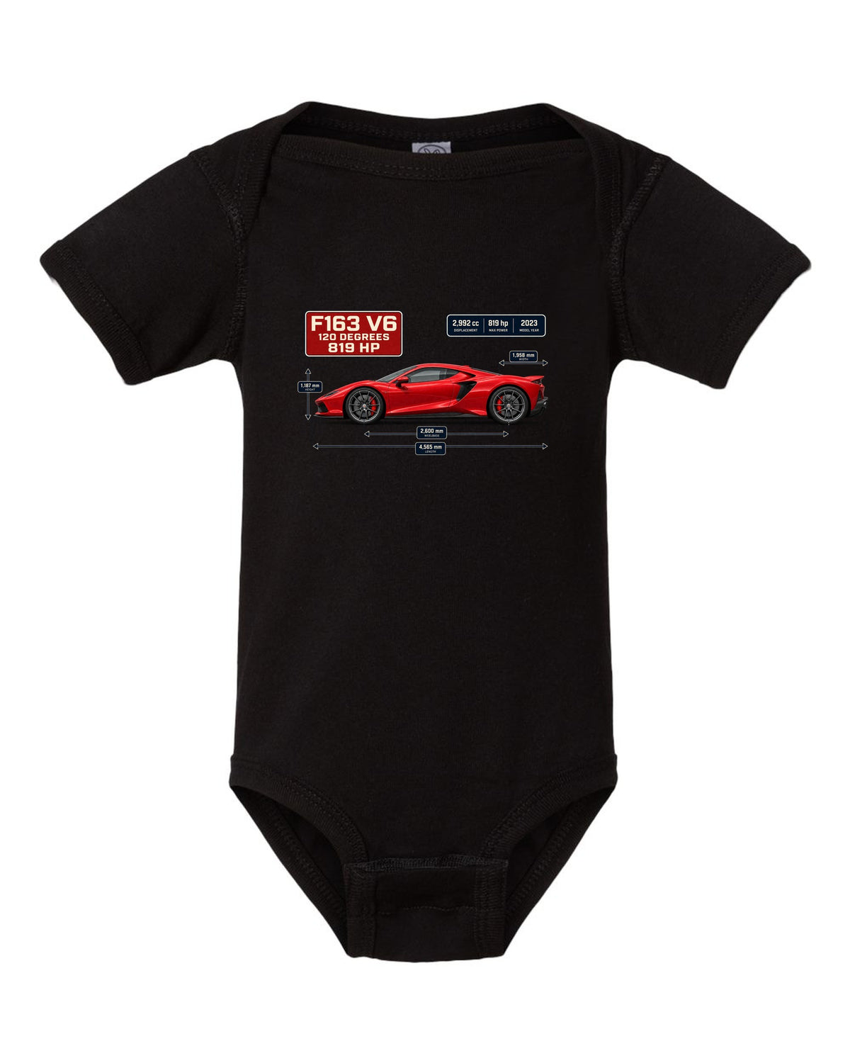 Blueprint style print of a signal red Ferrari 296 GTB with dimension lines black baby onesie front view with the design