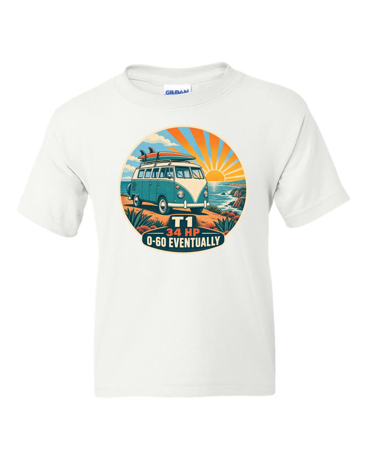 Two-colour silkscreen sunburst print of a 1962 VW Bus T1 split-window with 34 HP lettering white kids tee front view with the design