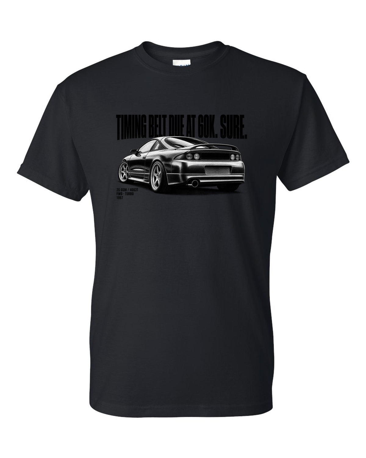 Mitsubishi Eclipse GS-T 2G DSM halftone print with timing belt joke and 4G63T text black t-shirt front view with the design
